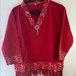 Red Embellished Tunic with Fringe